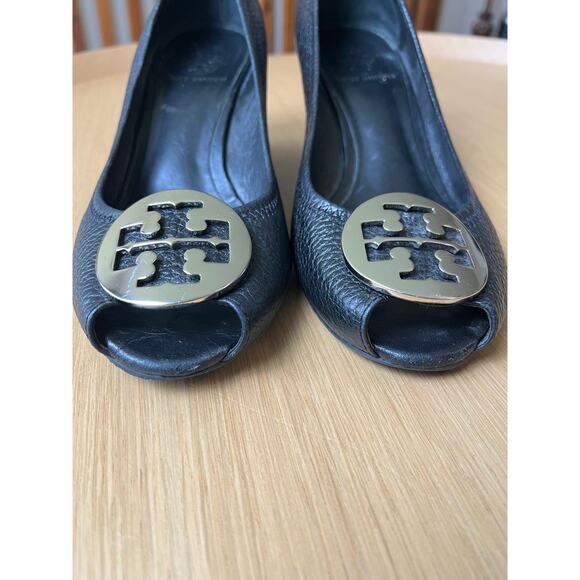 Tory Burch | Size 7 Peep Toe Black Leather Wedges Sally Heels - Picture 3 of 7